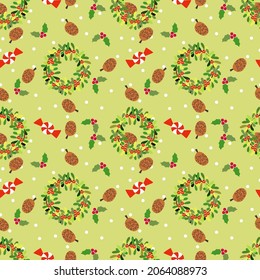 Holly mistletoe and Christmas candy seamless pattern