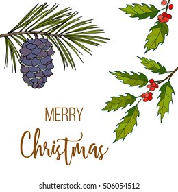 Holly and mistletoe. Christmas and New Year greeting card, vector illustration