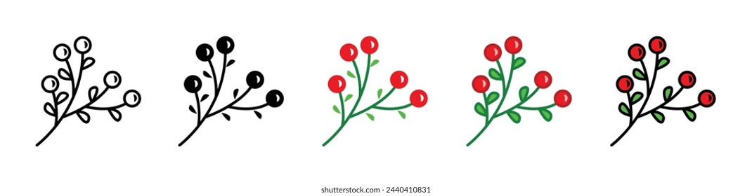 Holly and Mistletoe Holiday Icons. Festive Seasonal Plant Vector Symbols