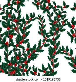 Holly mistletoe natural winter vector christmas seamless pattern on whiite background. Xmas holly berry ilex seamless pattern holiday vector. Traditional red mistletoe branch retro background.