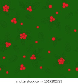 Holly mistletoe natural winter vector christmas seamless pattern line art style. Xmas ilex seamless pattern holiday vector with outline leaves. Traditional red mistletoe branch retro background
