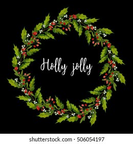 Holly and mistletoe wreath. Christmas And New Year Greeting card, Typographical Background, vector illustration