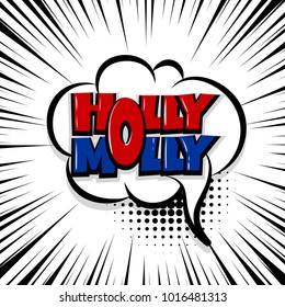 holly molly Comic text speech bubble balloon. Pop art style wow banner message. Comics book font sound phrase template. Halftone strip vector illustration funny colored design.