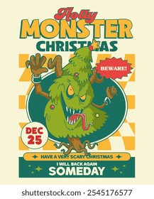 Holly Monster Natal Retro Desenho Animado Design