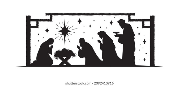 Holly night festival. Silhouettes of religious characters. Graphic element for website. Patterns for printing on clothes. Saints worship, group of people praying. Cartoon flat vector illustration