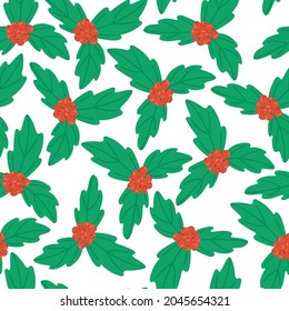 Holly plant Christmas vector seamless pattern.