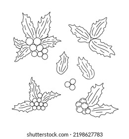 Holly Plant Leaves And Berry Traditional Winter Holidays Simple Outline Vector Illustration, Merry Christmas Decor For End Of The Year Celebrations, Family Gatherings, Festive Mood Line Art Pattern