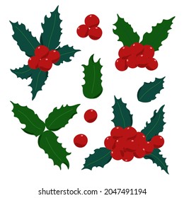 Holly Plant Set, Red Berries, Leaves Traditional Winter Holidays Vector Illustration, Christmas Symbol, Decor For End Of The Year Celebrations And Family Gatherings, Festive Mood Simple Pattern