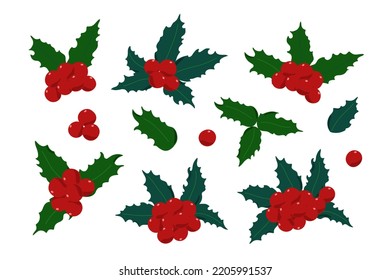 Holly Plant Set, Red Berries, Leaves Traditional Winter Holidays Vector Illustration, Christmas Symbol, Decor For End Of The Year Celebrations And Family Gatherings, Festive Mood Simple Pattern