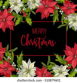 Holly, poinsettia and mistletoe. Christmas and New Year greeting card, vector illustration