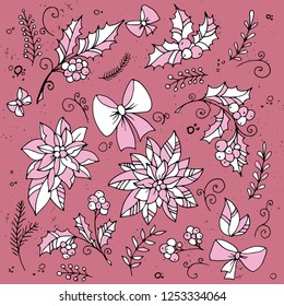 Holly and poinsettia. Spring hand drawn design elements

