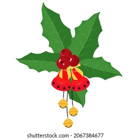 Holly, rote Glocke, Vektorgrafik. Weihnachtsdekorationen. Grüne Blätter.  Einzeln auf weißem Hintergrund.