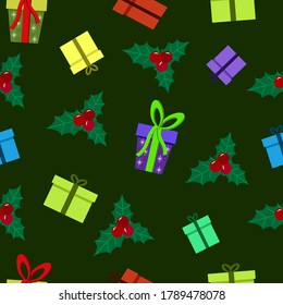 Holly con bayas rojas y regalos. Ilustración vectorial en un fondo verde. Feliz Navidad y feliz patrón de año nuevo. 