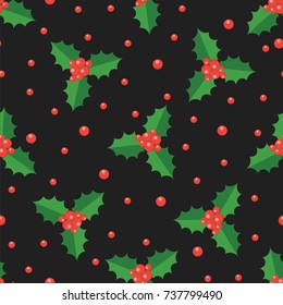 Holly with Red Berries on Black Background Vector Seamless Pattern