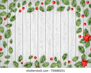 Holly red berries on light wooden background. And also includes EPS 10 vector