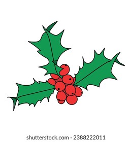 Holly with red berries on white background. Postcard, banner design element and sticker.