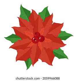 Holly, red berries vector stock illustration. Christmas decorations. Green leaves. New Year's mood. Isolated on a white background.