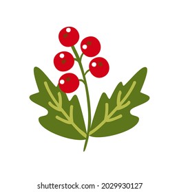 Holly red winter Christmas berries on a branch. Vector clipart, isolated illustration on a white background. For a holiday card, banner, design or decor.