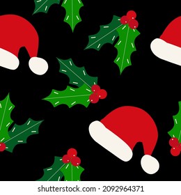 holly and santa hat christmas seamless pattern hand drawn doodle. vector, minimalism. winter