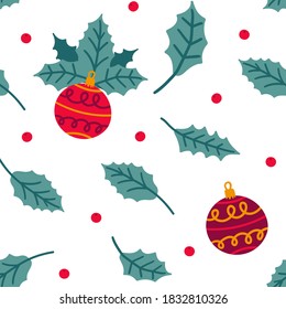 Holly seamless pattern. Holiday hand drawn green leaves xmas toy, winter traditional xmas holidays background, botanical decor textile fabric wrapping paper wallpaper vector texture