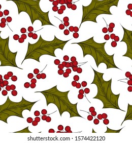 holly seamless pattern, holly leaves and berries