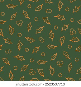 Holly seamless pattern with leaves and berries. Hand drawn with outlines for Christmas wrapping gift, greeting card, invitation design. Vector illustration