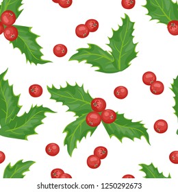 Holly seamless pattern on white background. Vector illustration of red berries and green leaves in cartoon flat style.