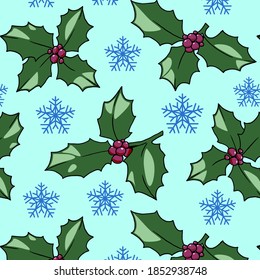 Patrón vectorial Holly y copos de nieve. Decoración de Navidad y Año Nuevo.
