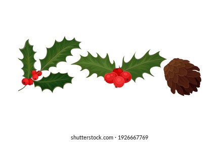 Holly Specie Twig with Red Berries and Fir Cone Vector Set