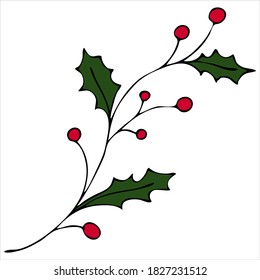 Holly Sprig With Berries, Doodle Style Vector Element, Christmas Symbol