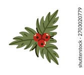 Holly sprig vector illustration. Red berries, green leaves. Hand drawn isolated festive plant. Seasonal botanical clipart, traditional Christmas decoration. For a holiday party, New Years celebration