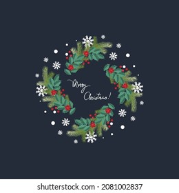 Holly. Spruce. Square frame. Winter festive frame, decorative border. Holly berries.
