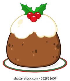 Holly Topped Christmas Pudding On A Plate. Vector Illustration Isolated On White