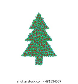 Holly tree clip-art. Vector hand drawn background, design element for Christmas and New Year greeting card or banner. Holly with berry, isolated on white