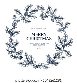 Holly twig Christmas seamless pattern. Botanical hand drawn Isolated vector illustration. Sketch template for card design invitation, packaging, label, poster, party, holiday decor. Engraving style