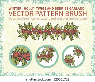 Holly twigs Vector seamless Pattern Brush. Outer and inner corner tiles, start and end tiles are included. Easy to use