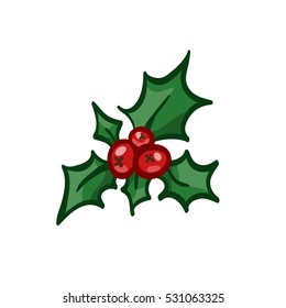 Holly. Vector hand drawn clip art, design element for Christmas and New Year greeting card or banner. Holly with berry, isolated on white