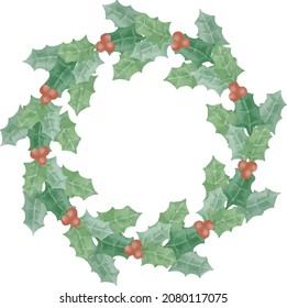 Holly wreath with berries vector watercolor clipart. Christmas sublimation design.