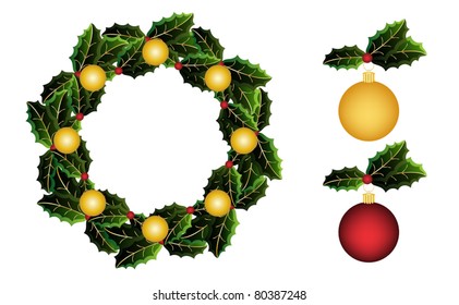 Holly wreath with gold ornaments and round ornaments embellished with a sprig of holly EPS10