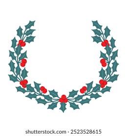 Holly wreath with green leaves and red berries for winter holiday graphic design, greeting card, invitation, postcard. Vector illustration isolated on white