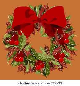 Holly wreath with red balls and bow