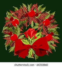 Holly wreath with single red rose and red bow