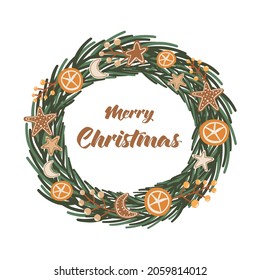 Holly wreath. Traditional Christmas decoration with spruce branches and berries with merry christmas wish