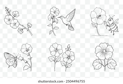 Hollyhock Flower Line Art Vector Set Detailed Floral Illustrations of Hollyhocks for Design and Decoration