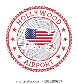 Hollywood Airport stamp. Airport logo vector illustration. Fort Lauderdale airport with country flag.