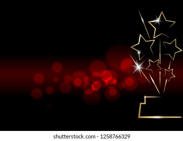 HOLLYWOOD background Movie PARTY Gold shiny STAR AWARD Statue Prize Giving Ceremony. Golden stars prize concept, Silhouette icon. Films and cinema symbol stock, Academy award vector blurred background