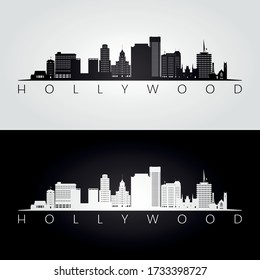 Hollywood, California skyline and landmarks silhouette, black and white design, vector illustration.  