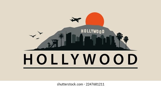 Hollywood, California Skyline Los Angeles Urban Landscape. Paisaje urbano, ciudad de los ángeles. Playa de Malibu, Sunset Strip, ilustración gráfica de silueta estilo años 60.