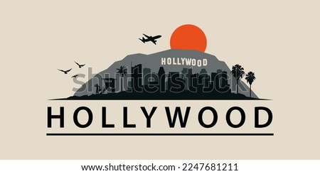 Hollywood, California Skyline Los Angeles Urban Landscape. City scape, City of Angels. Malibu Beach, Sunset Strip, 60's style silhouette graphic illustration.