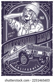 Hollywood car show poster monochrome fashionable tattooed girl racer in seductive clothes near auto for lowriding urban culture vector illustration svg
